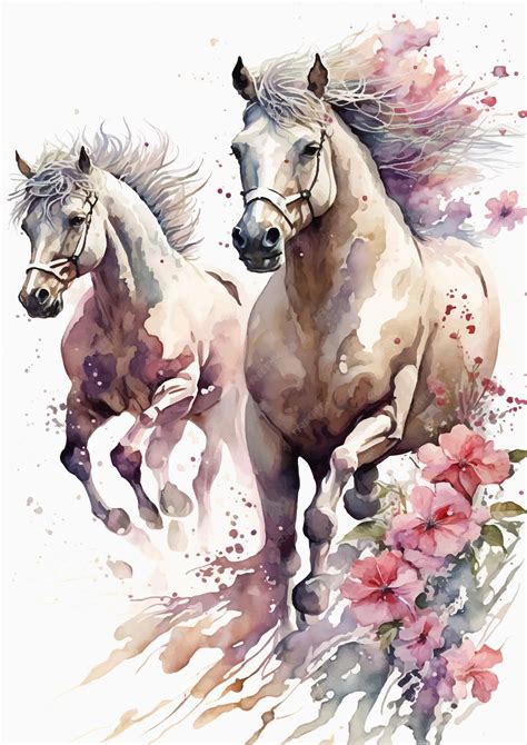 Premium Vector | A painting of two horses running in a field of flowers.