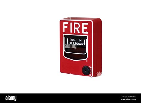 red fire alarm box on white background Stock Photo - Alamy