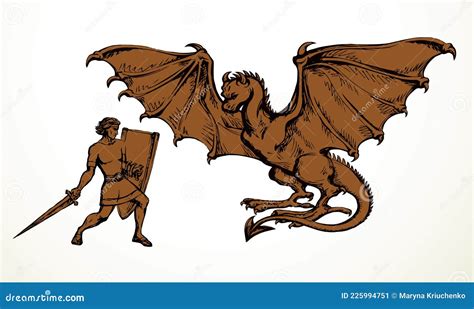 Man Fighting The Dragon. Vector Drawing | CartoonDealer.com #225994751