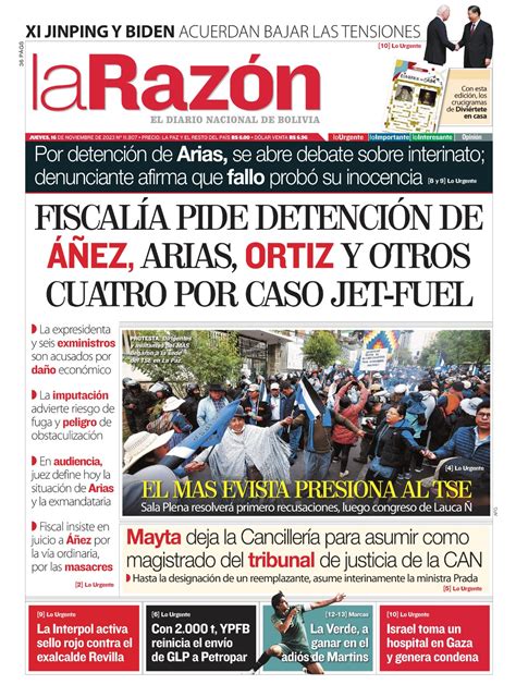 Portada jueves 16 de noviembre de 2023 - La Razón