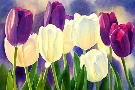 Purple And White Tulips Painting by Sharon Freeman