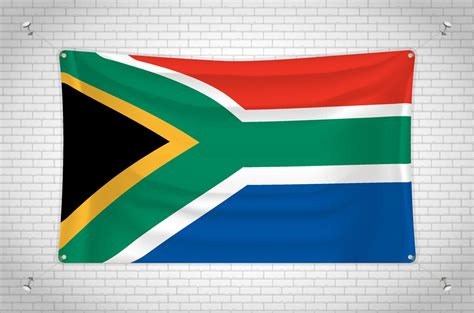 South Africa flag hanging on brick wall. 3D drawing. Flag attached to ...