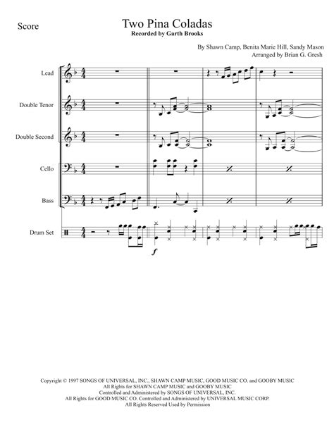 Two Piña Coladas Sheet Music | Garth Brooks | Percussion Ensemble