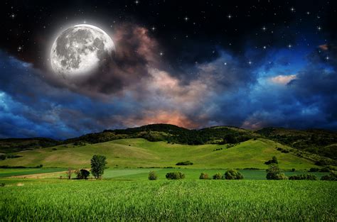 digital art, nature, landscape, hills, clouds, photo manipulation, Moon ...