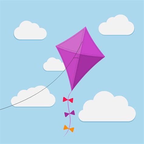 Flying kite in the sky between clouds. Purple paper kite with white ...