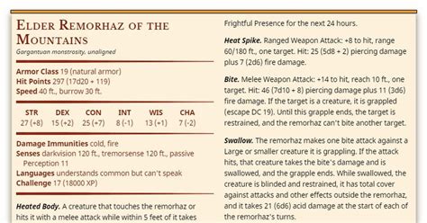 Elder Remorhaz | Fire damage, First target, Elderly