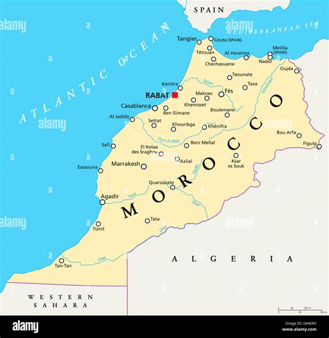 Morocco political map with capital Rabat, national borders, important ...