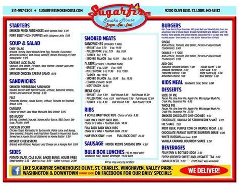 Menu of Sugarfire Smoke House in Olivette, MO 63132