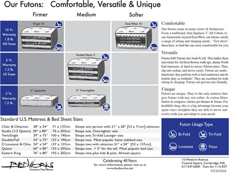 Futon Mattress Sizes Chart