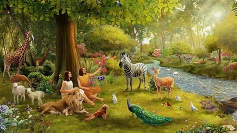 a painting of people and animals in the forest