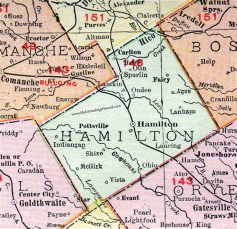 Hamilton County, Texas, Map, 1911, Hamilton City, Hico, Carlton, Olin ...