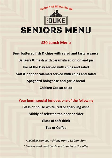 The Duke Bar & Bistro | Seniors Menu