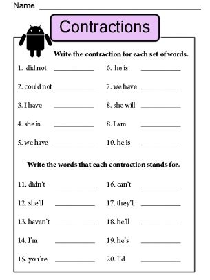 Contractions Worksheet | Contraction worksheet, School worksheets ...