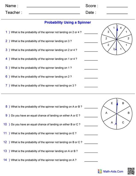 Probability Spinner worksheet – Hoeden Homeschool Support