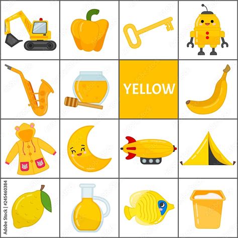 Learn the primary colors. Yellow. Different objects in yellow color ...