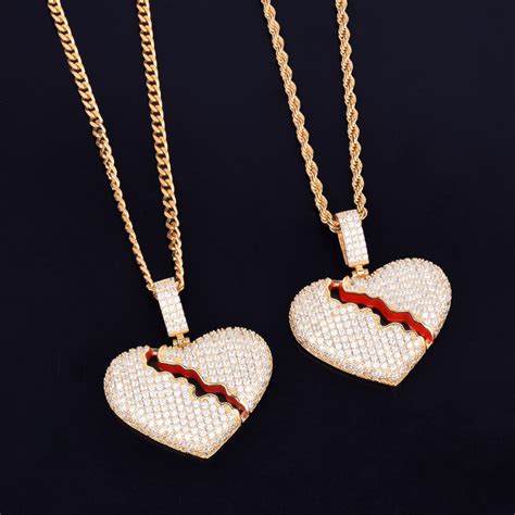 Silver 14k Gold Broken Heart Red Oil Hip Hop Pendant Chain Necklace ...