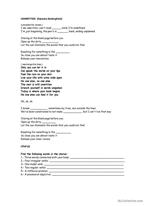 Songs:UNWRITTEN by Natasha Bedingfie…: English ESL worksheets pdf & doc