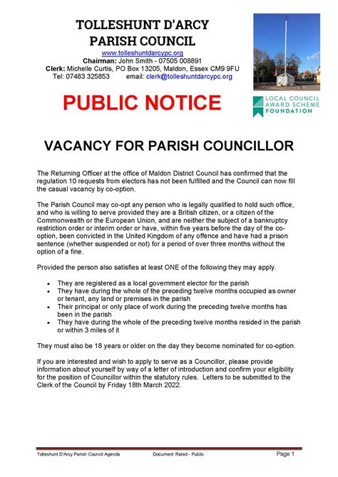 PARISH COUNCILLOR VACANCY - Tolleshunt D'Arcy Parish Council