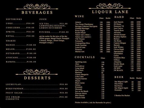 Menu at Garage 1954 restaurant, Bacolod