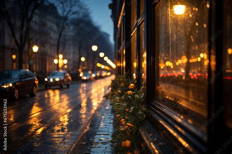 magic of rainy cityscape at dusk, where warm glow of streetlights and ...