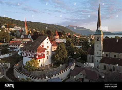 Aerial drone image of Zug, Switzerland with focus on the Zug Castle ...