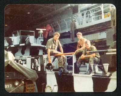 Coloured photograph of crew onboard HMS Fearless during the Falklands ...