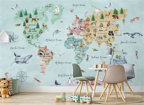 Kids Watercolor World Map Wallpaper Mural • Wallmur®