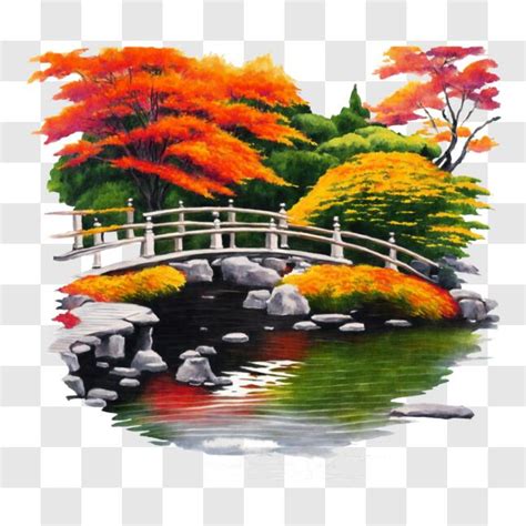 Download Autumn Bridge Painting with Trees and Waterfalls PNG Online ...