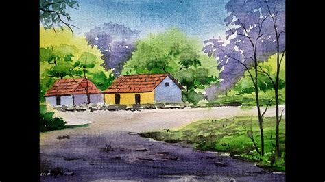 Village Scenery Sunset Watercolor Drawing Scenery Easy / Watercolor ...