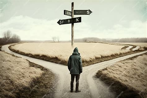 A person standing at a crossroads looking at a signpost trying to ...