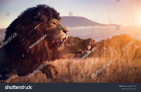 Lion Hunting On African Savanna 3d Stock Illustration 2086407172 ...