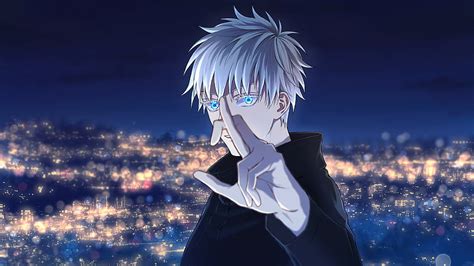 White Hair Blue Eyes Jujutsu Kaisen Satoru Gojo City Buildings ...