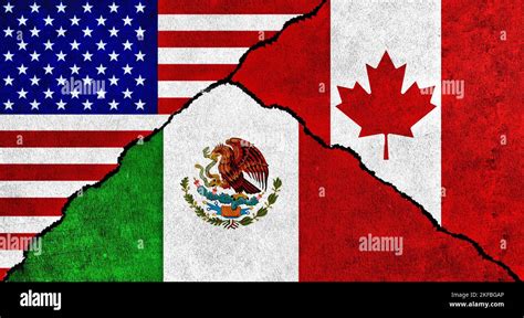 USA, Canada and Mexico flag together on wall. Diplomatic relations ...