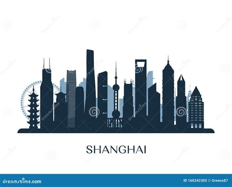 Shanghai Skyline, Monochrome Silhouette. Stock Vector - Illustration of ...