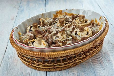 Baked Mushrooms with Minced Meat Stock Photo - Image of minced, lunch ...