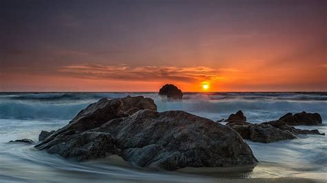 Oregon Coast at Sunset, sun, rocks, sea, colors, sky, usa, sunset, HD ...