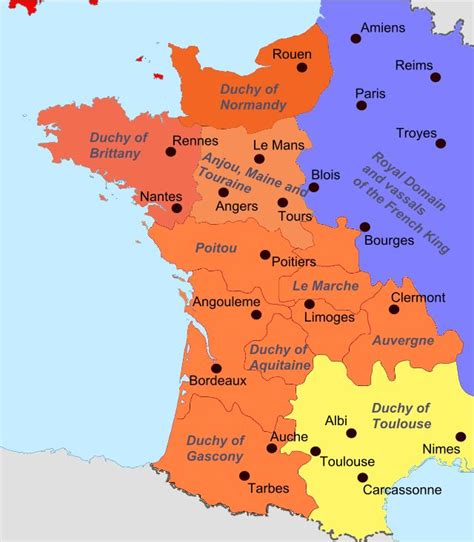 A coloured map of medieval France, showing the Angevin territories in ...