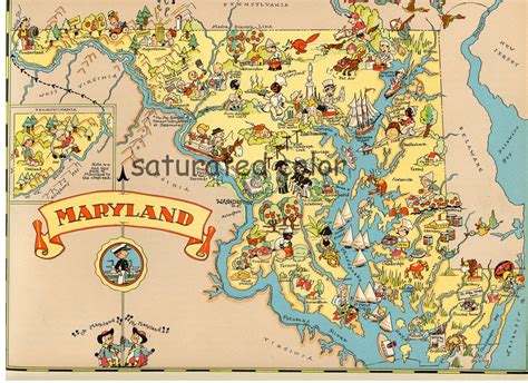 Vintage Maryland Map - Original 1930s Antique Picture Map of Maryland ...