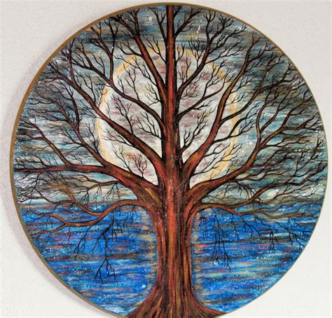 MOON TREE PAINTING on wood, hand painted moon wall art, round painting ...