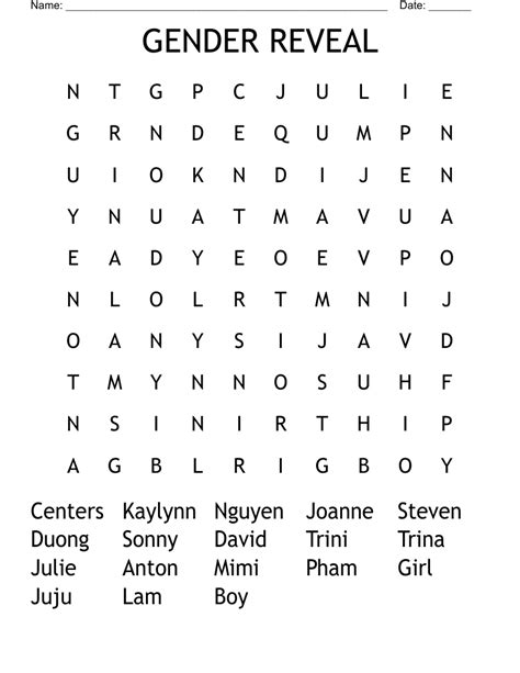 GENDER REVEAL Word Search - WordMint