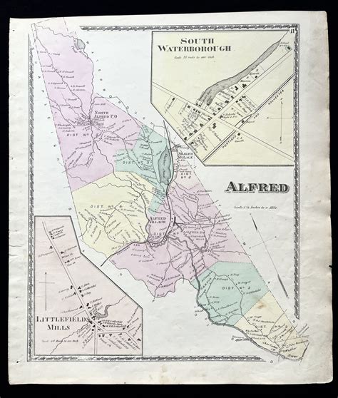 1872 Hand-Colored Street Map of Alfred, Maine with Littlefield's Mills ...