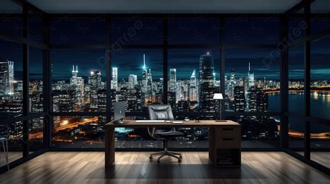 Office Workstation At Night Background, 3d Office With Night City ...