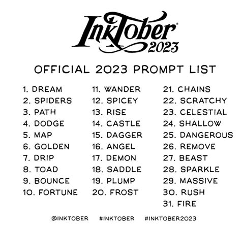 Printer Friendly version of Inktober 2023 prompts : r/Inktober