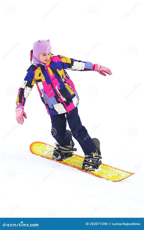 Happy Young Girl Snowboarding on a Snow Slope, Vertical Stock Photo ...