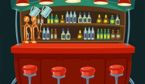 an illustration of a bar with stools and bottles