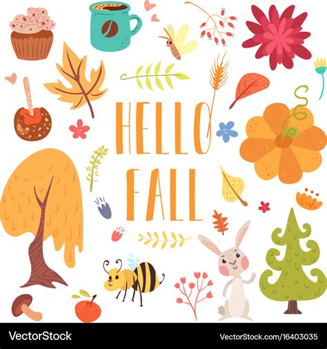 Hello fall cute cartoon autumn set Royalty Free Vector Image