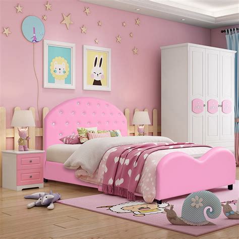 Costway Kids Children PU Upholstered Platform Wooden Princess Bed ...