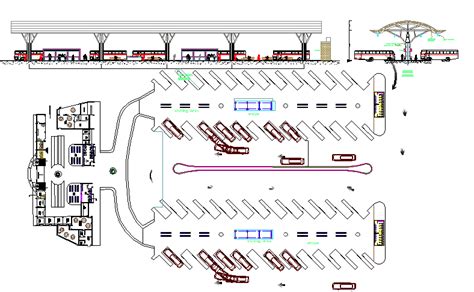 Elevation and ground floor details of bus terminal design dwg file ...