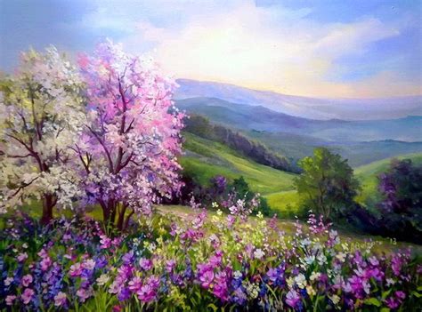 Flower field painting. spring | Landscape paintings, Landscape art ...