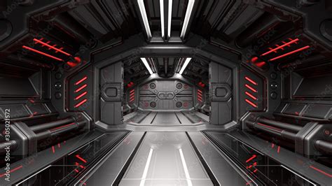 Sci-Fi space station corridor or dark metallic futuristic spaceship ...